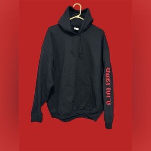 Gildan Black Hoodie with Red Sleeve Text large or medium Soft NWT $75